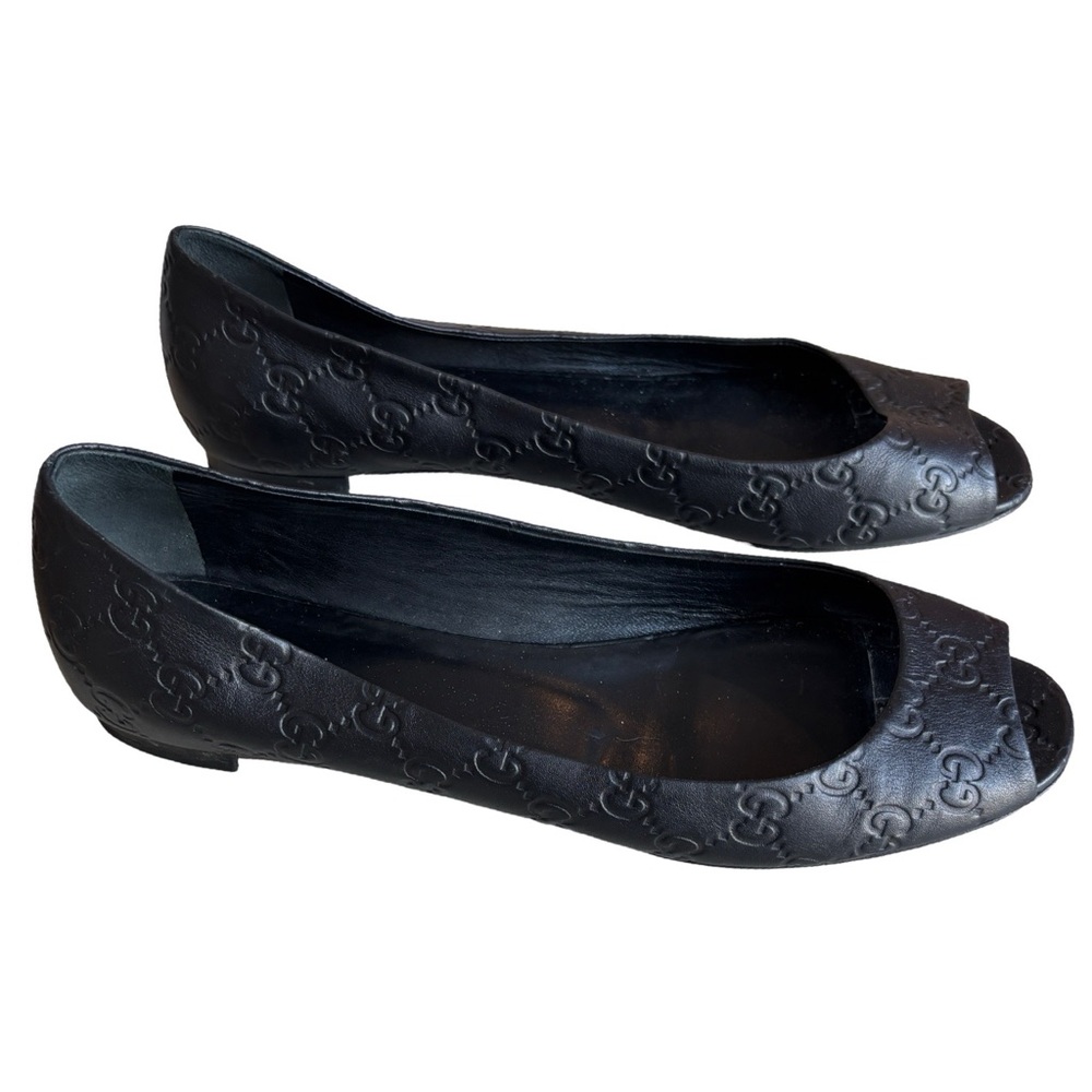 Women’s Authentic Gucci Guccissima Embossed Black Peep Toe Flats Shoes 10.5 (41)
